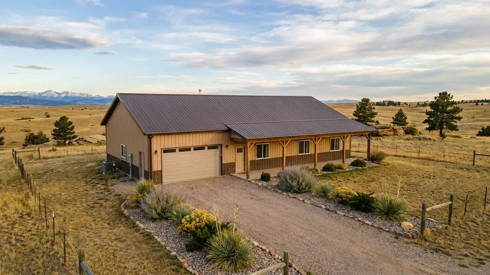A mid-size single-level barndominium family home with a covered front porch, a row of bedroom windows and a two-car garage door at one end.