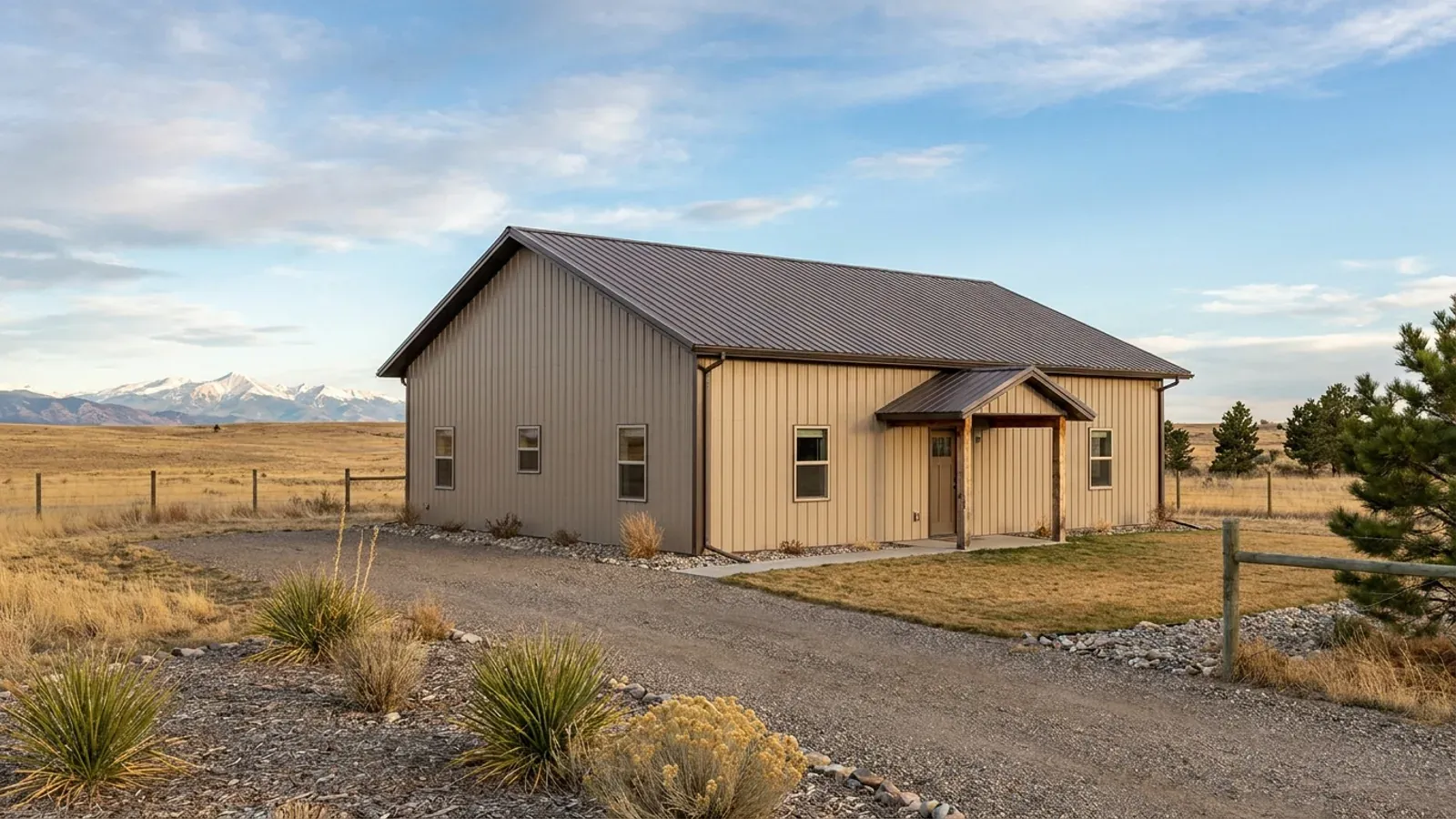 A compact 30x40 barndominium sized like a starter home or cabin, with a covered entry porch and no large shop bay.