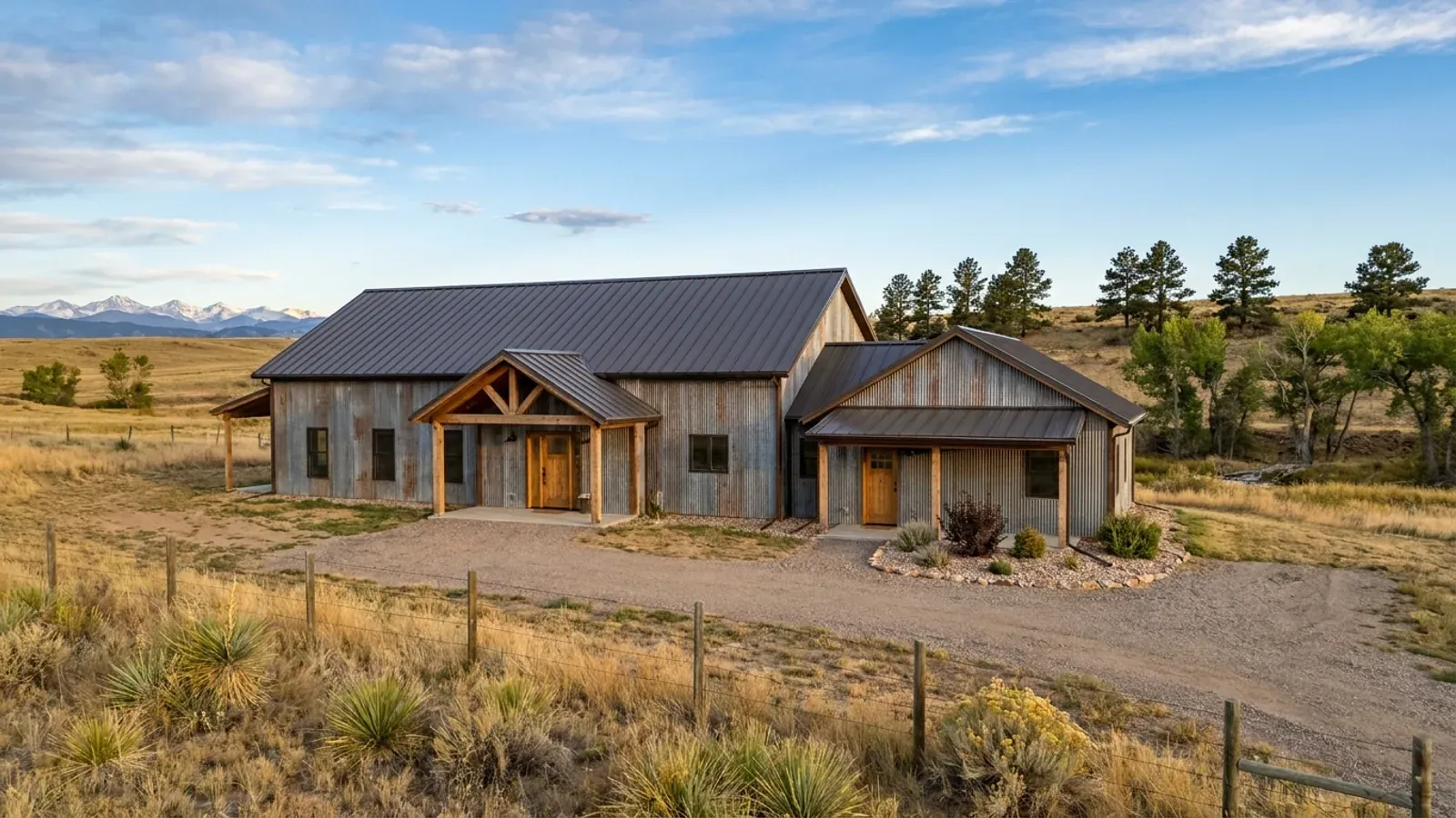 A barndominium with a smaller attached in-law suite wing that has its own separate covered entry, distinct from the main entry.