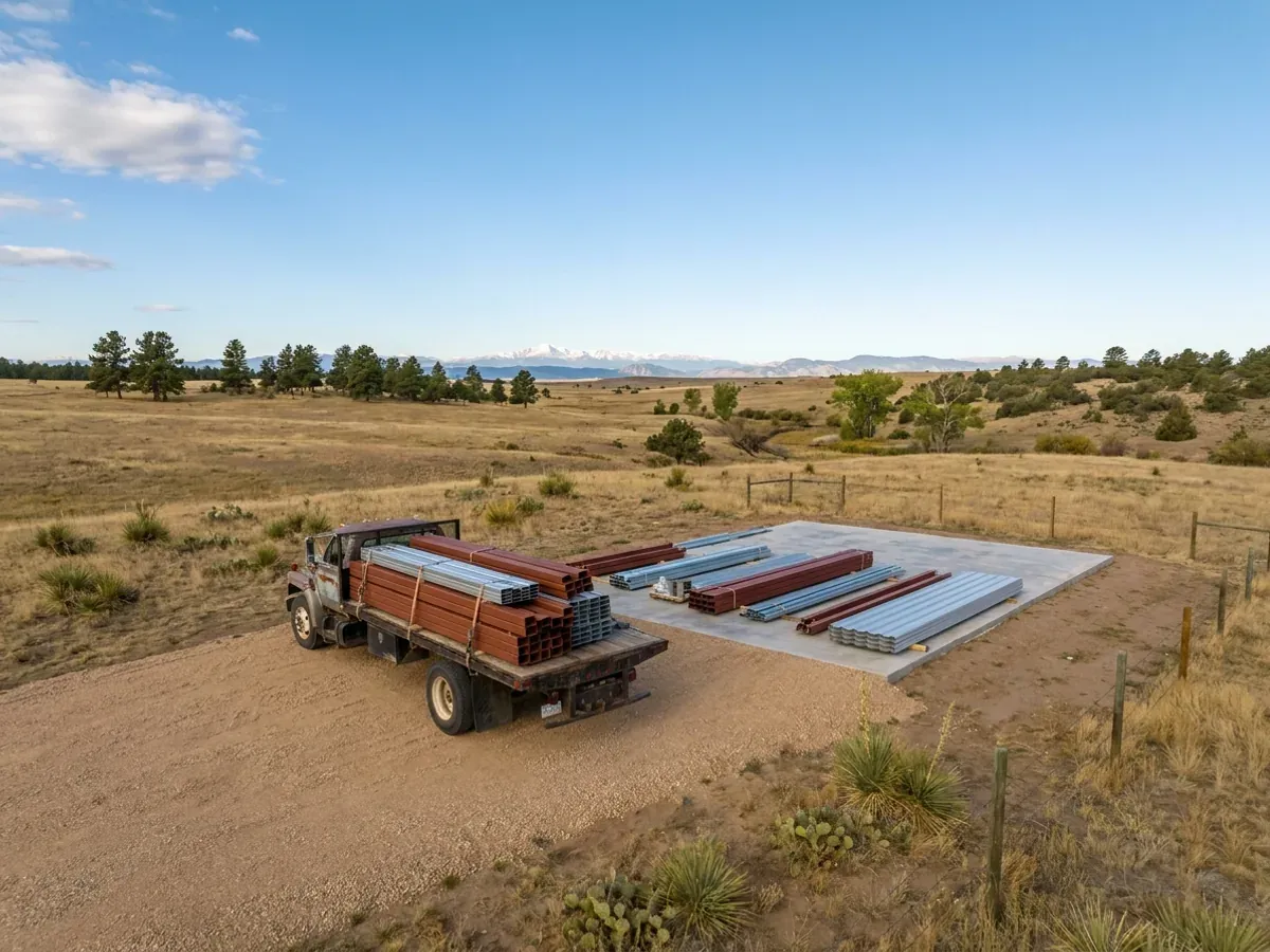 A flatbed truck delivering banded steel frame members and stacked metal roof panels to a building site beside a finished concrete slab.