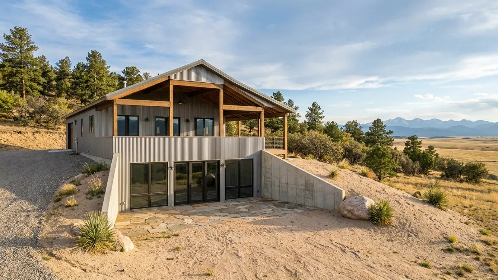 A barndominium with a walkout basement built into a sloping lot, the lower level opening onto a patio at grade.