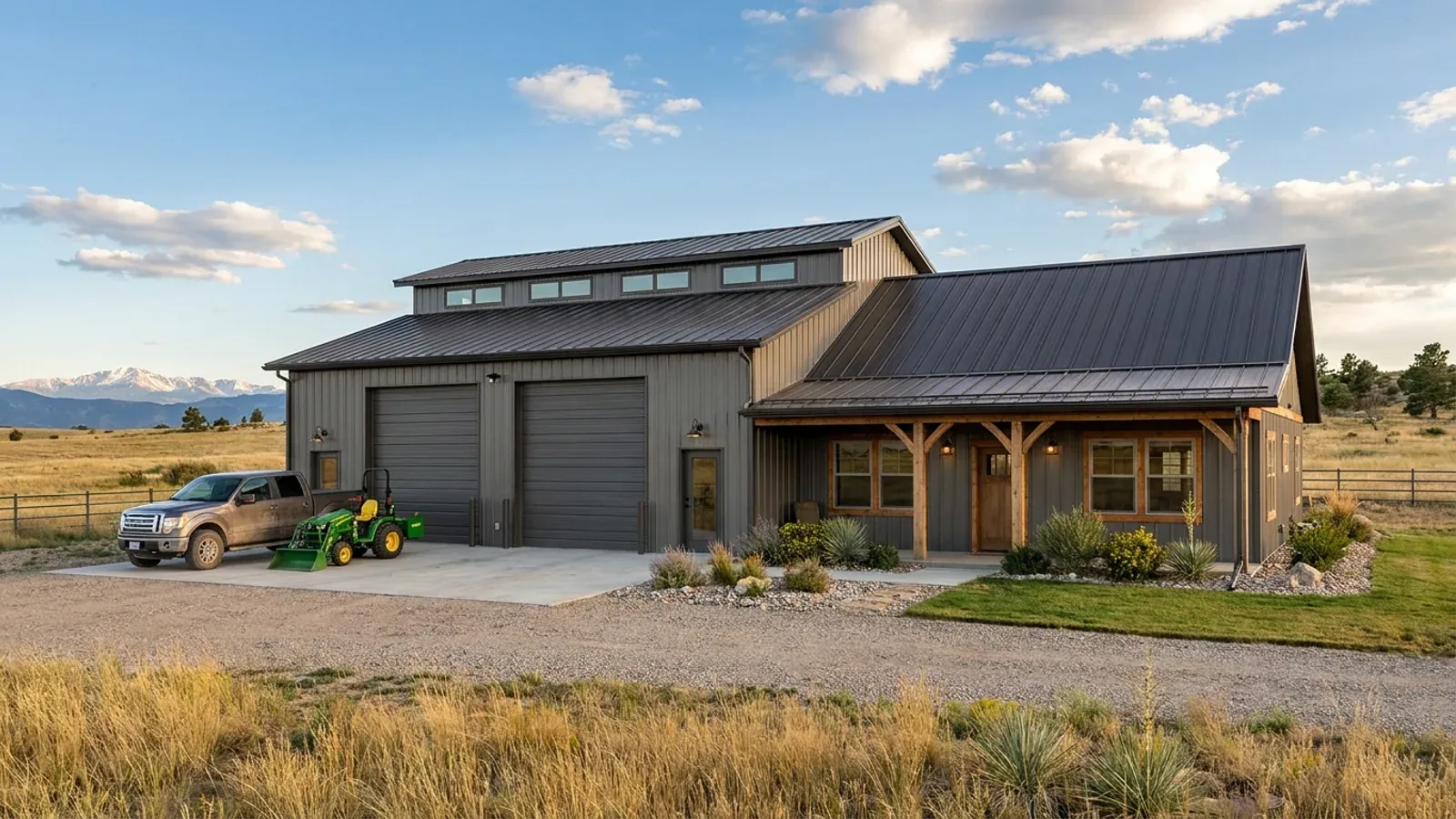 A barndominium whose shop half has two tall roll-up doors and a concrete apron, joined to the living half under one continuous roof.