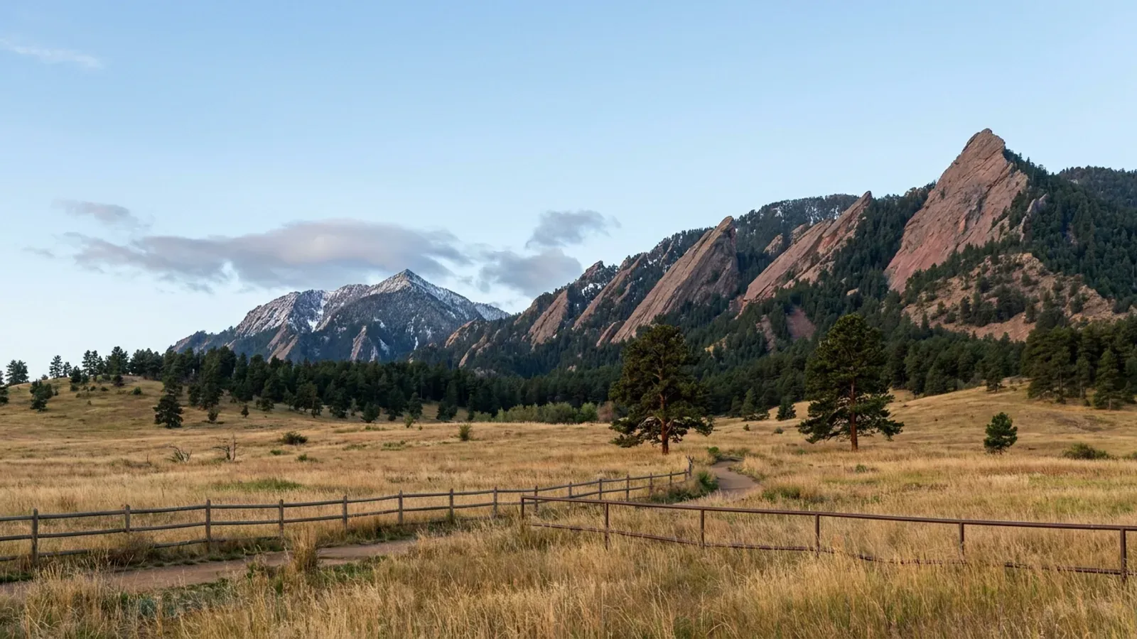 Foothill grassland and ponderosa pine rising to steep tilted red sandstone slabs, typical of the Boulder County mountain front.