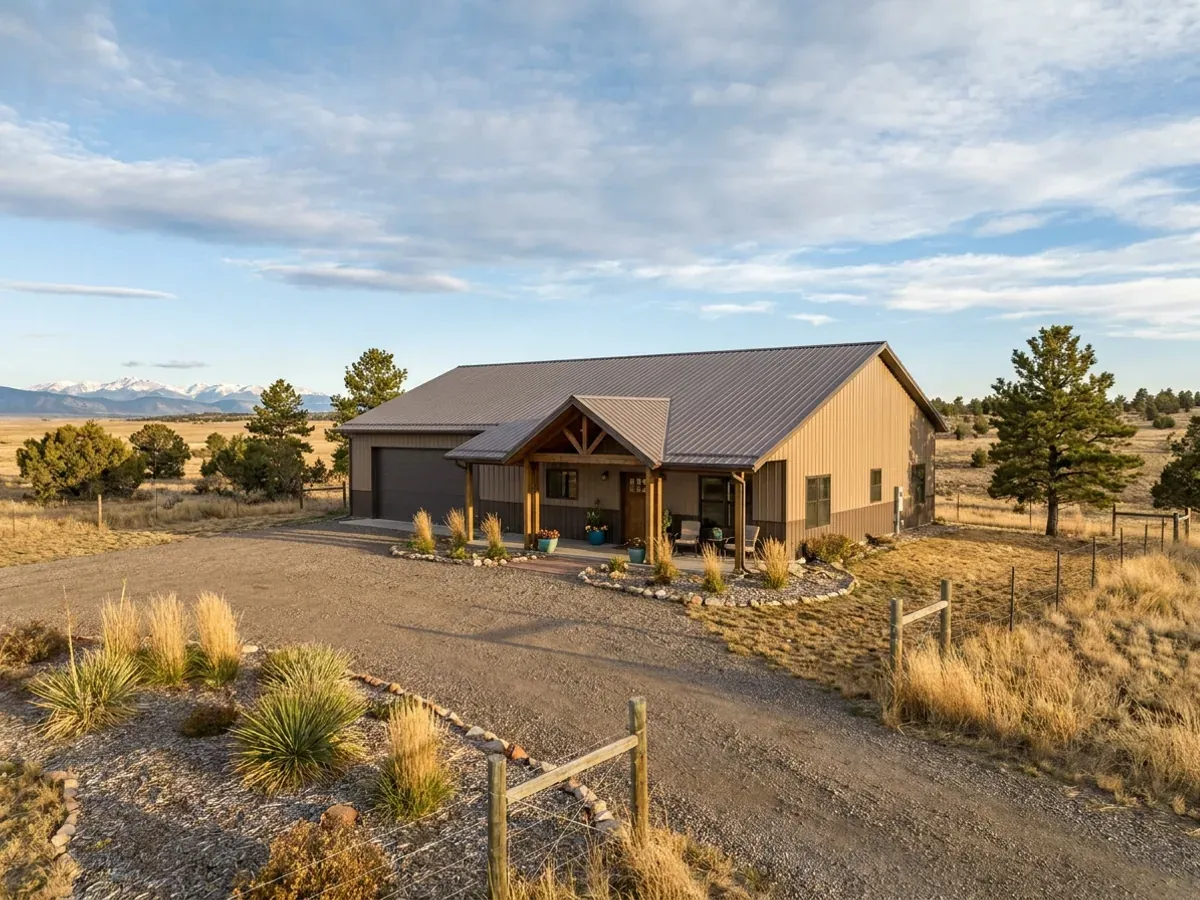 A completed barndominium home viewed from the front corner, with a finished site, a covered entry porch and an attached shop bay.