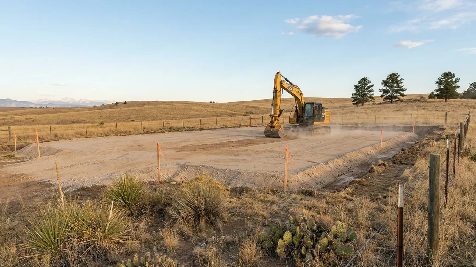 An excavator grading a compacted building pad on a cleared lot, with survey stakes and a drainage swale visible.