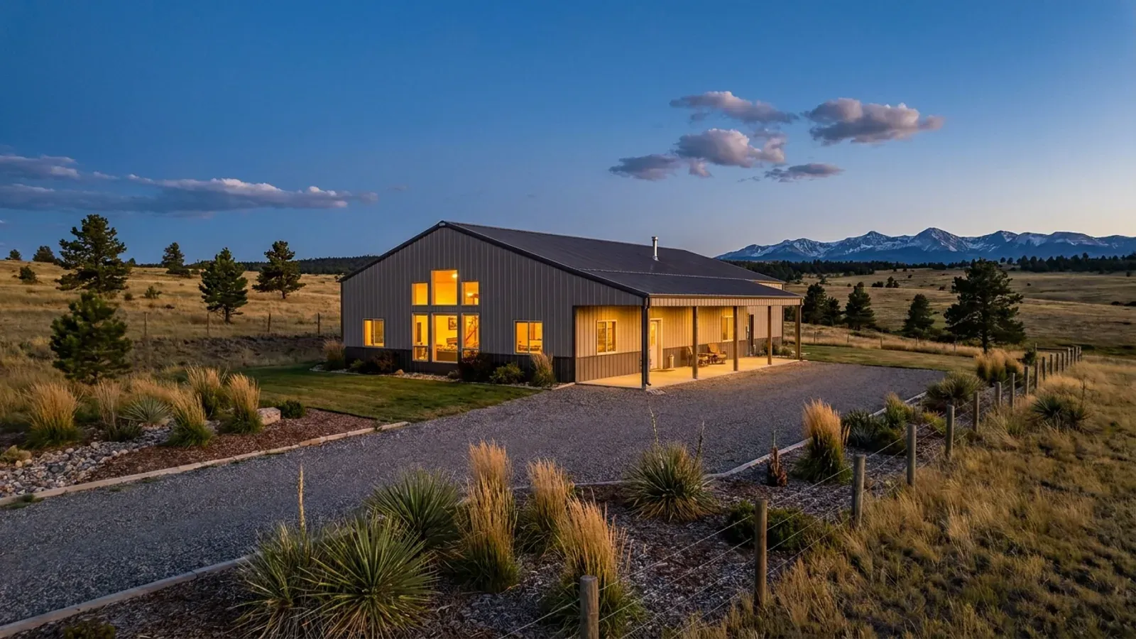 A finished barndominium at dusk with warm interior lighting glowing through its large windows.