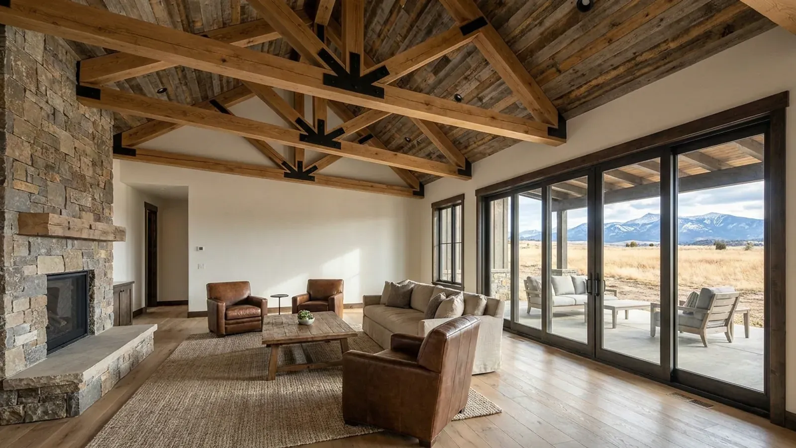 A vaulted barndominium great room with exposed wood trusses, a wall of glazed sliding doors looking toward distant mountains, and a stone-clad fireplace.