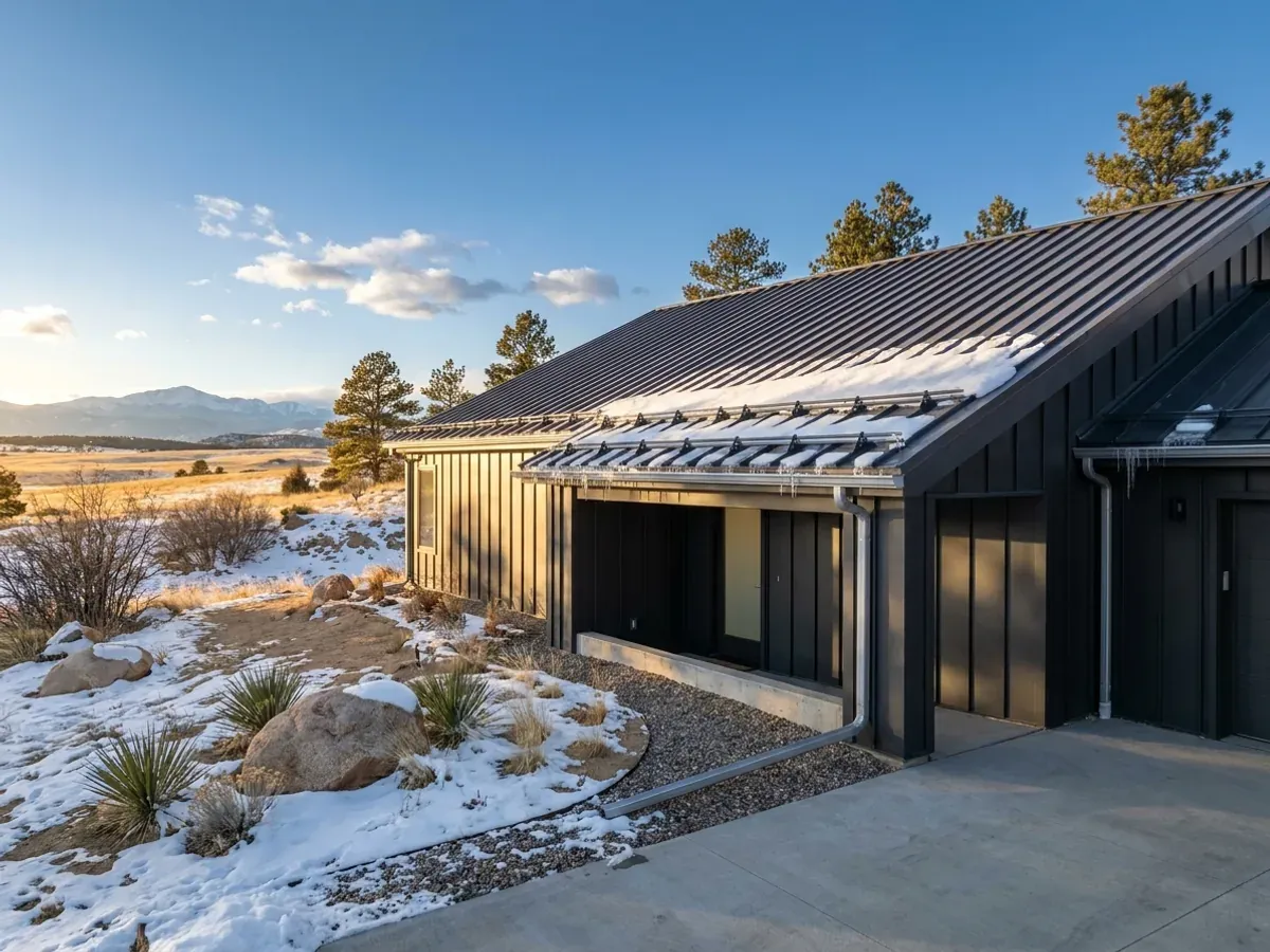 Exterior detail of a metal-clad home in winter, with snow on its standing seam roof, snow guards above the entry and vertical wall panels.
