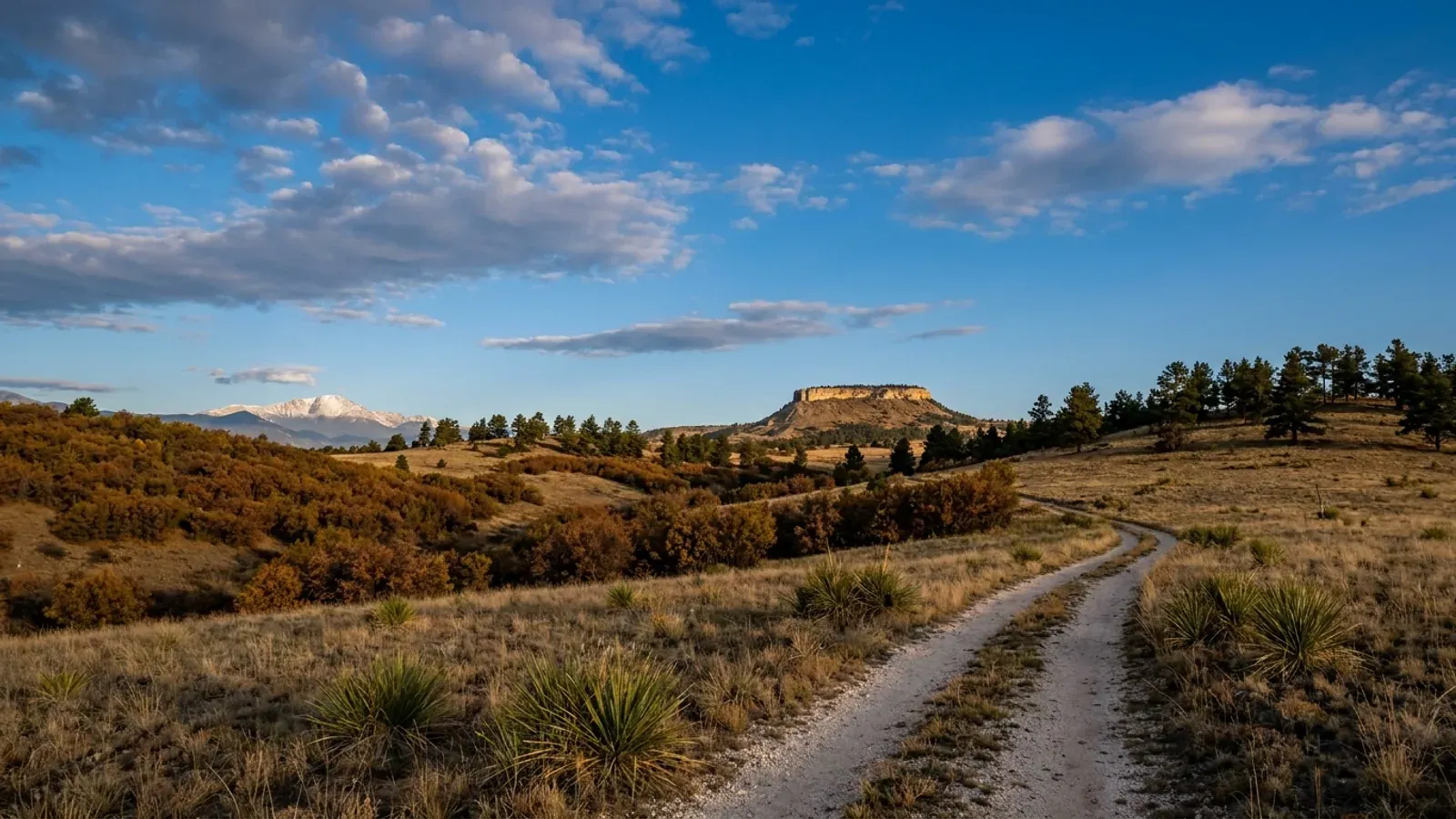 Rolling grassland with ponderosa pine on the ridges, Gambel oak on the slopes and a flat-topped butte, typical of the Palmer Divide.