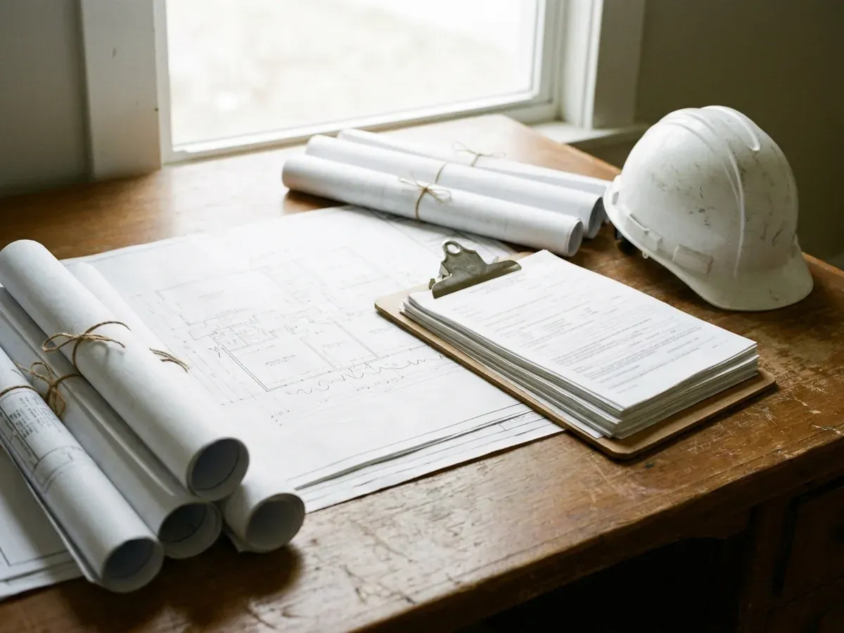 A building permit submittal package on a desk with rolled construction drawings, forms on a clipboard, and a hard hat.
