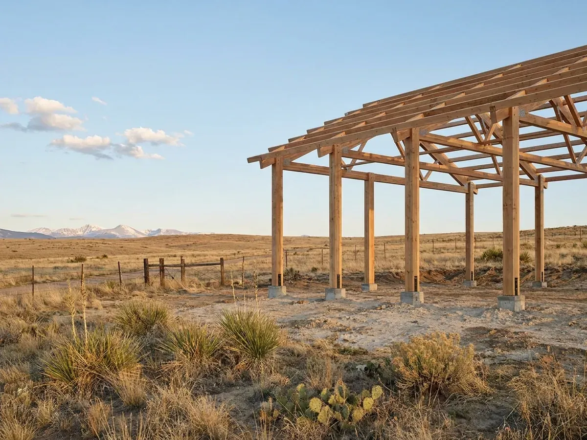 A post-frame home under construction, showing laminated timber columns on concrete piers and wide-span roof trusses with no interior bearing walls.