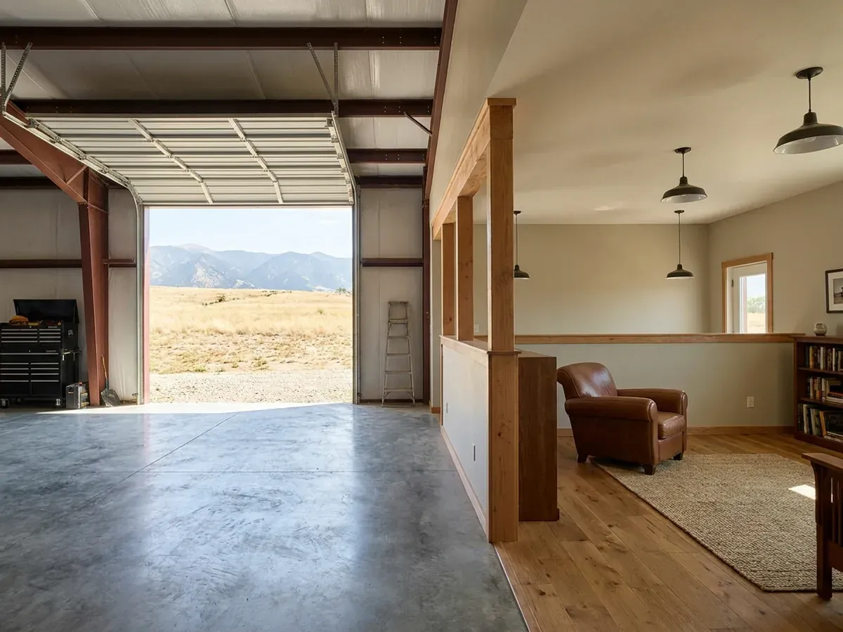 The interior of a shouse where a finished living area with warm flooring meets a shop bay with polished concrete and a tall roll-up door.