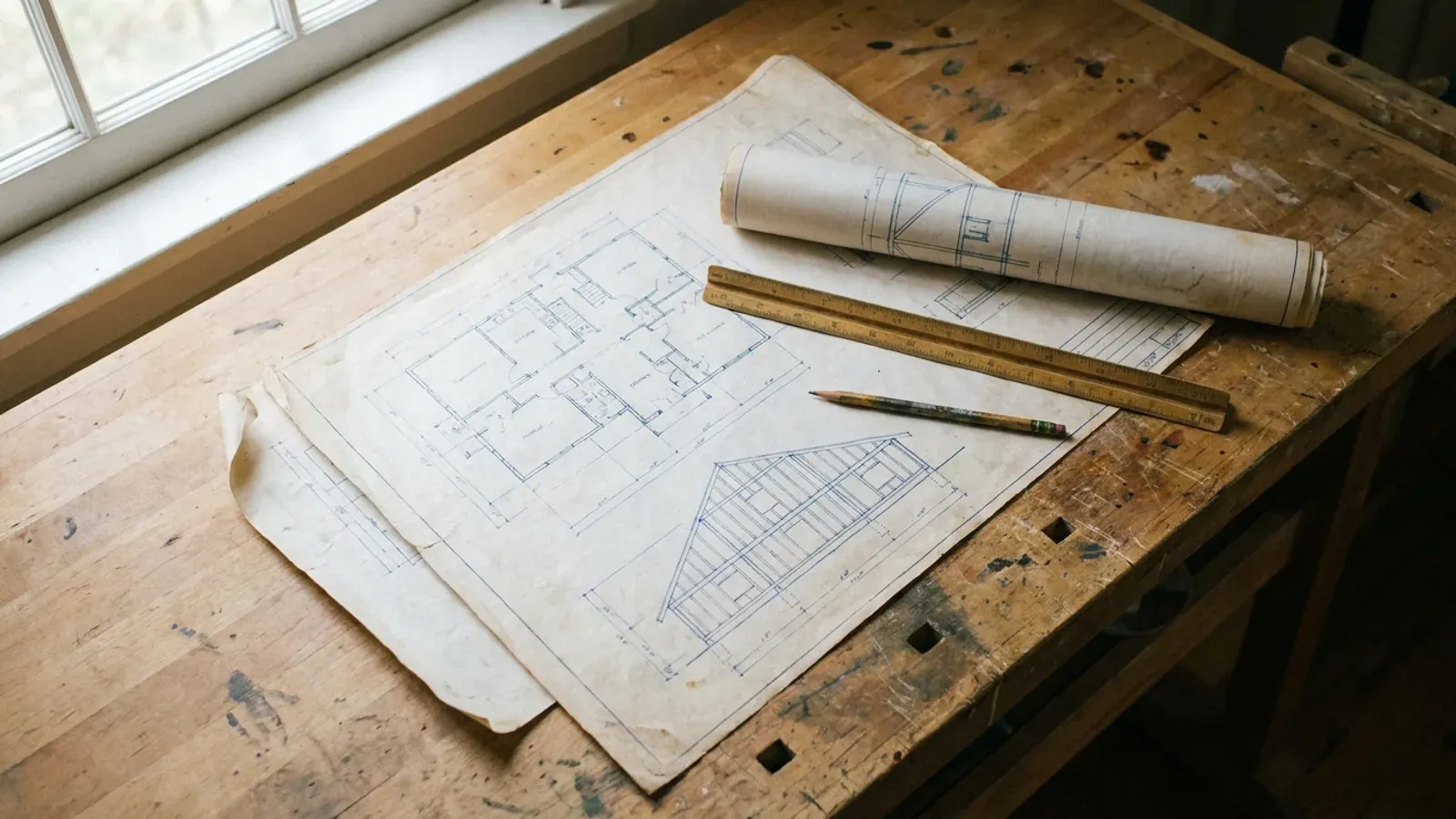 Overhead view of floor plan and structural elevation drawings spread on a workbench with a scale ruler and pencil.