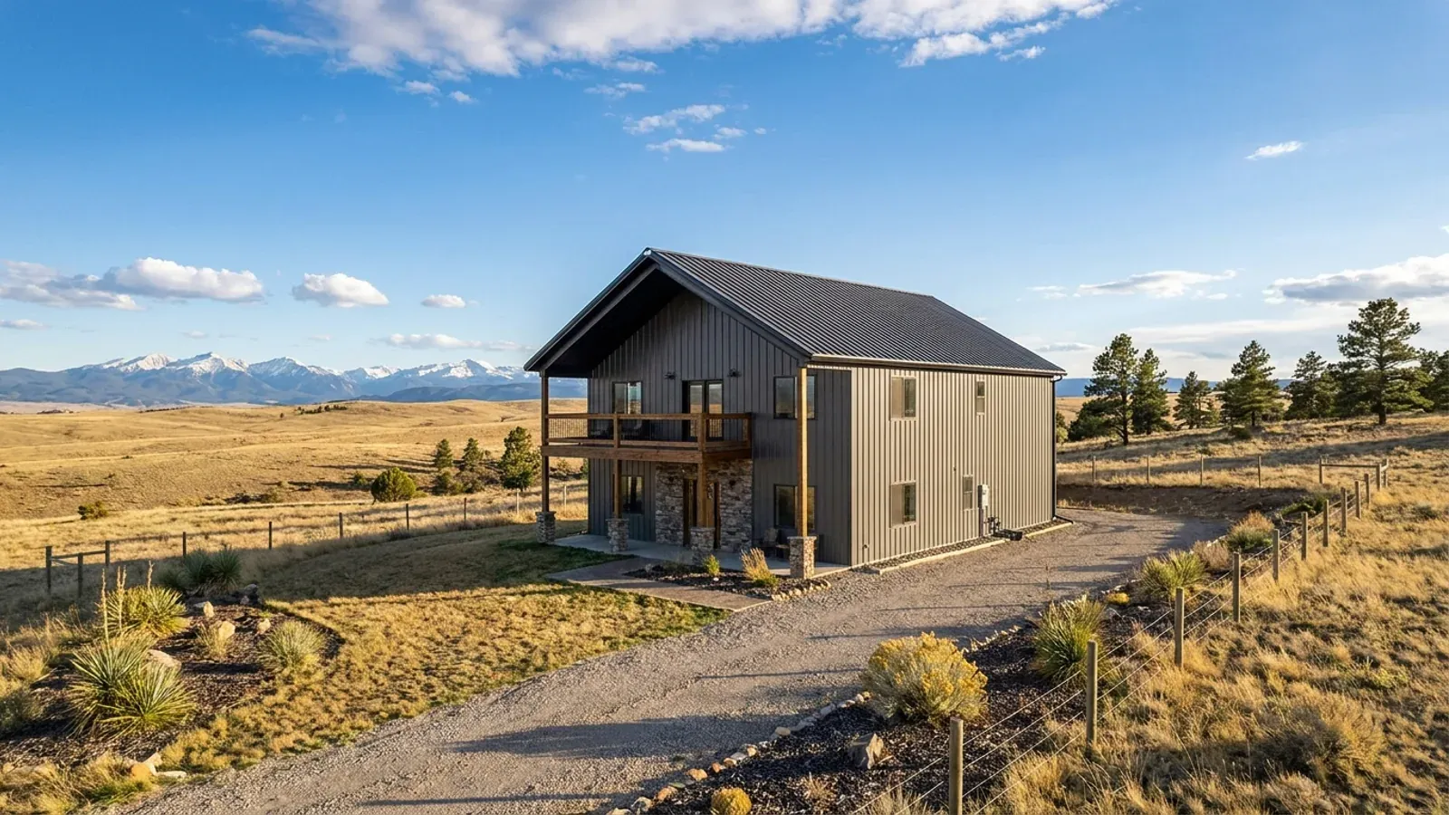 A completed two-story barndominium with visible second-story windows and a small covered balcony above the entry porch.