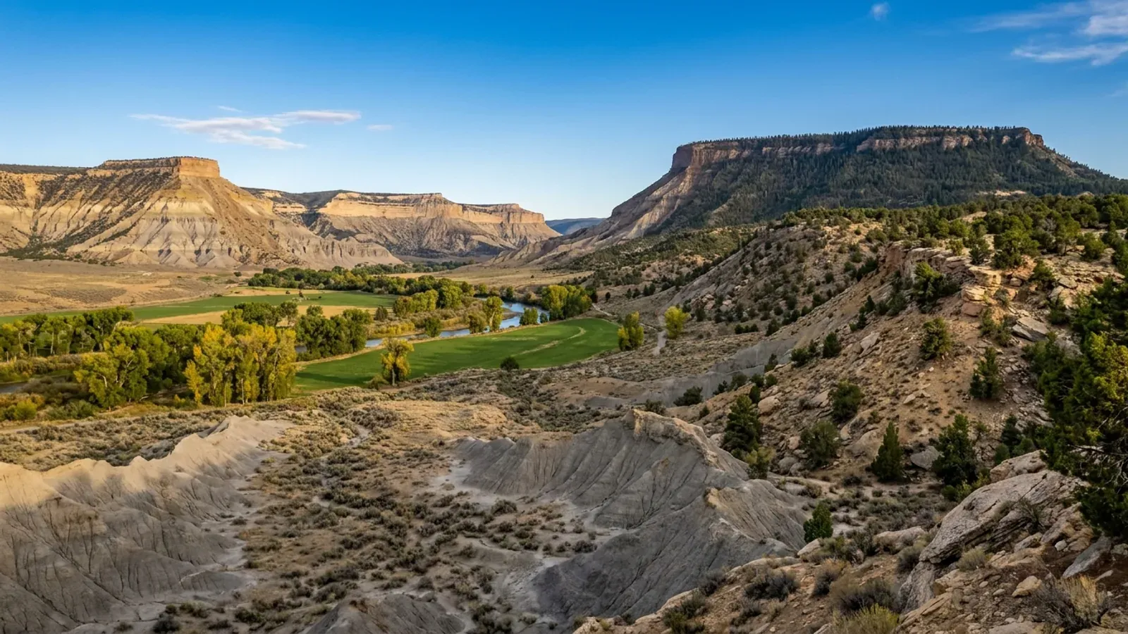 A sagebrush valley with irrigated fields along a river between layered sandstone cliffs and a high flat-topped mesa, typical of the Western Slope.